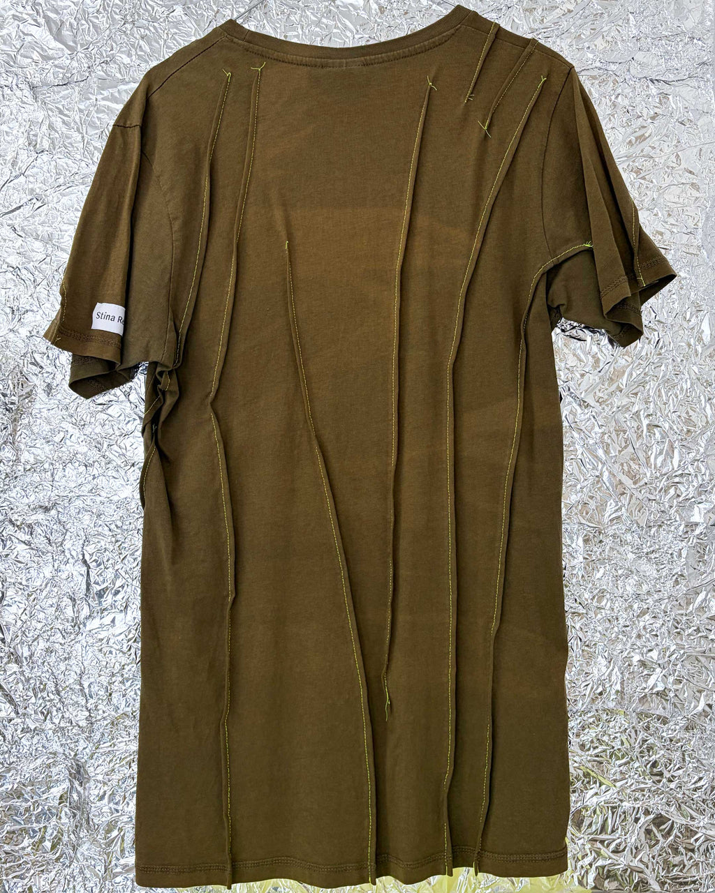 WRINKLED T-SHIRT - Army green w/ neon yellow thread - #01