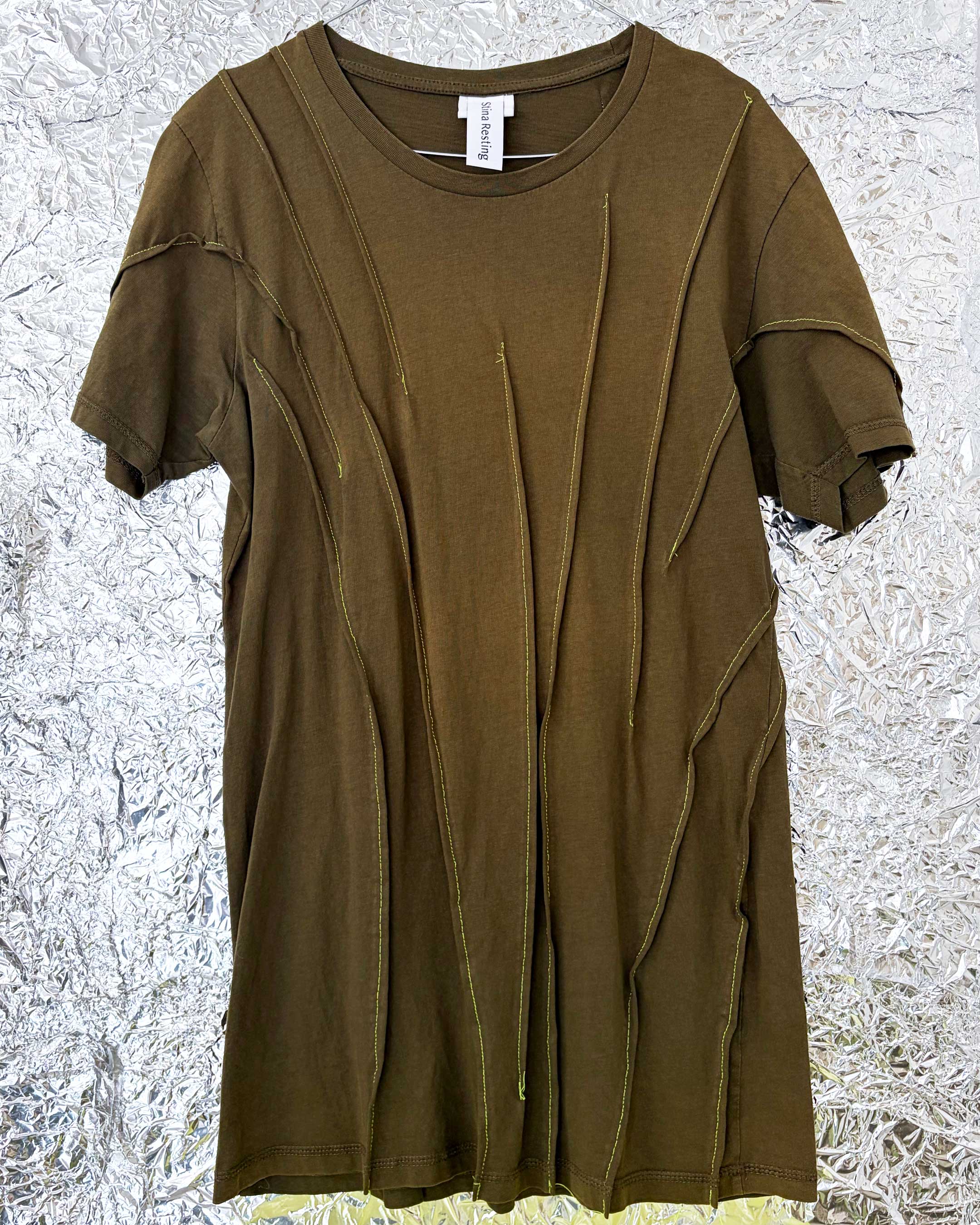 WRINKLED T-SHIRT - Army green w/ neon yellow thread - #01